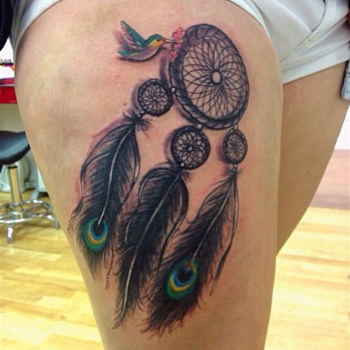 Unique Dreamcatcher Tattoo On Girl Right Thigh